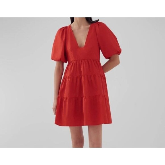 Bird & Knoll Dress Gigi Puff Sleeve Cotton Poplin Mini Red Size Small - Picture 1 of 9